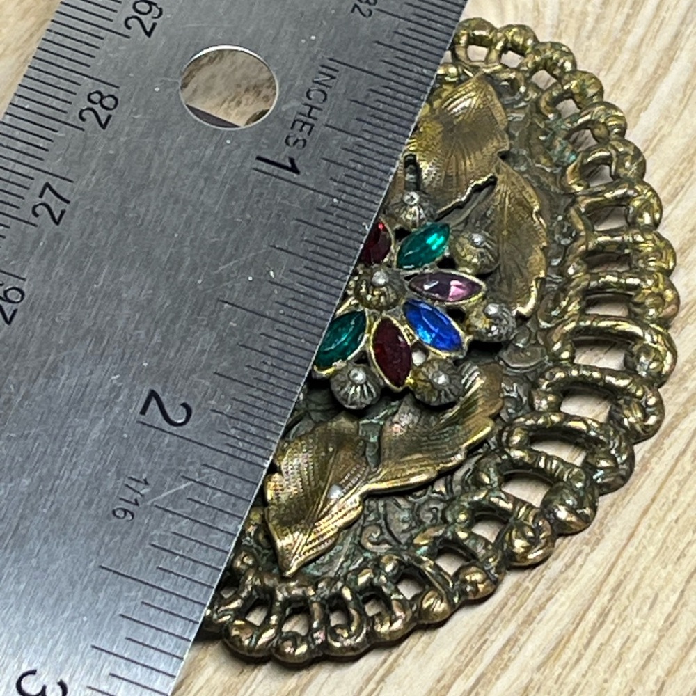 Vintage Florenza Style Rhinestone Floral Brooch Filigree Statement Pin - Picture 8 of 12